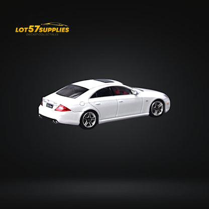 Pearl white Mercedes-Benz Focal Horizon CLS 63 AMG Mk1 C219 diecast car model, detailed miniature by Lot57Supplies Diecast Shop.