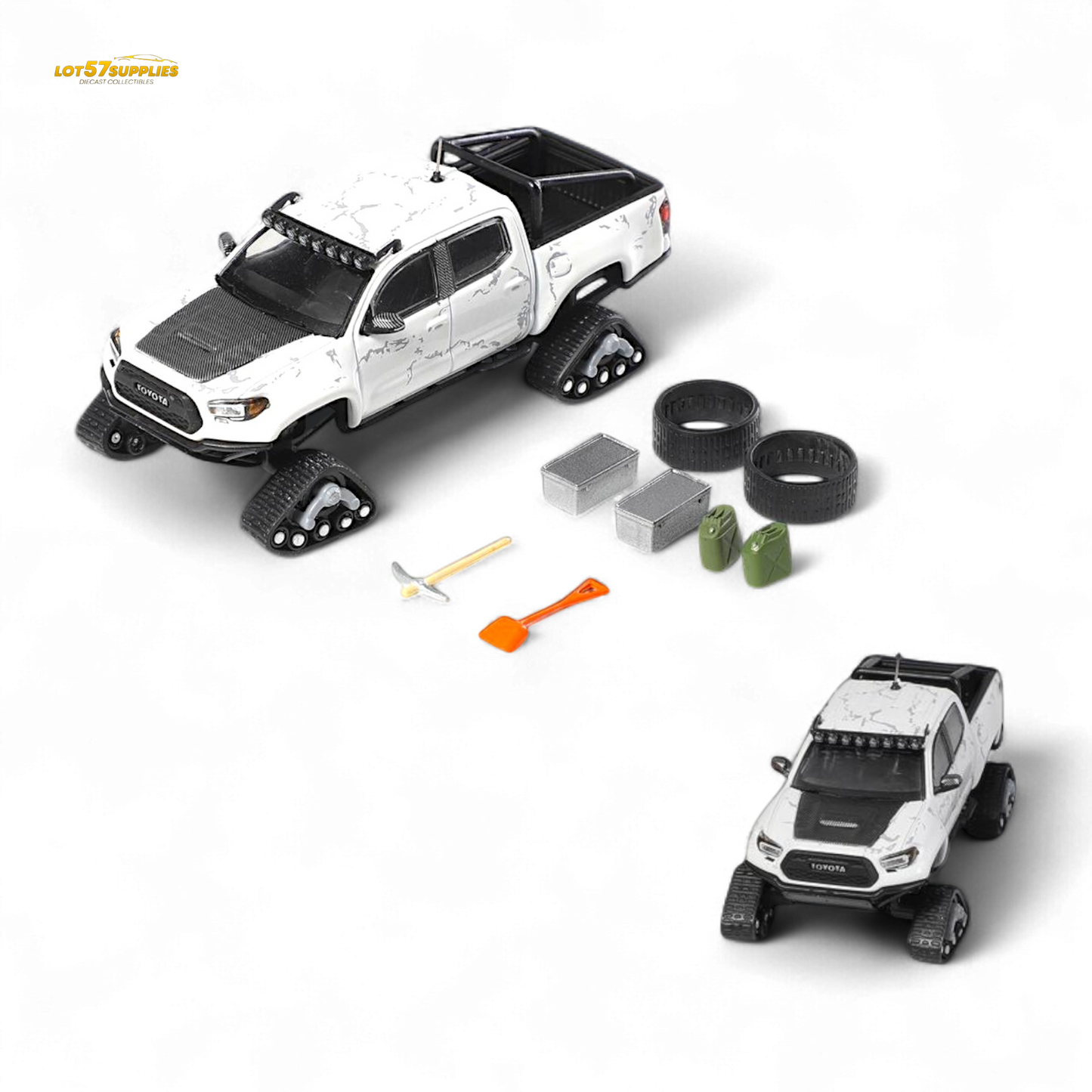 White Toyota Tacoma diecast model in snow version, 1:64 scale from Lot57Supplies Diecast Shop, detailed miniature vehicle.