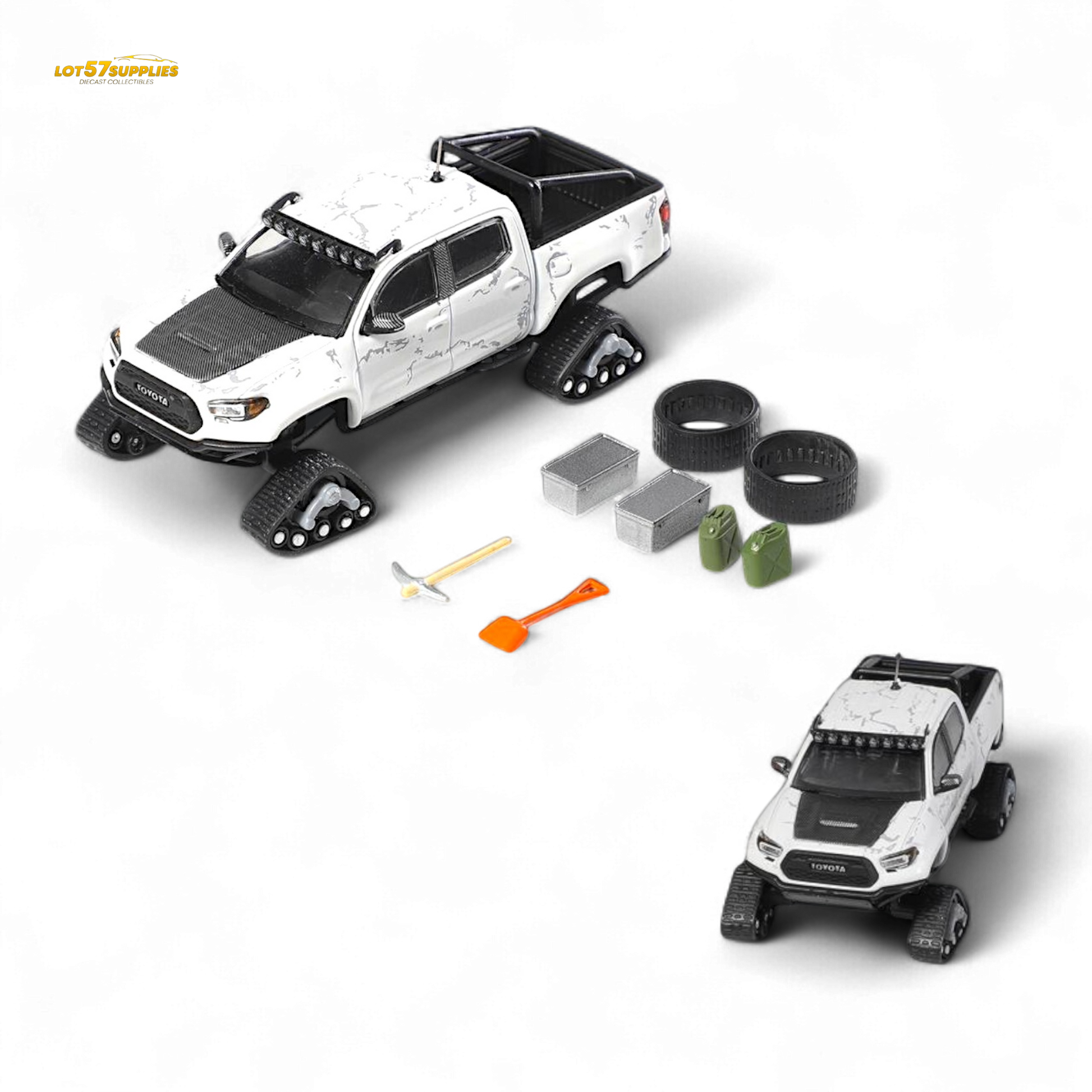 White Toyota Tacoma diecast model in snow version, 1:64 scale from Lot57Supplies Diecast Shop, detailed miniature vehicle.