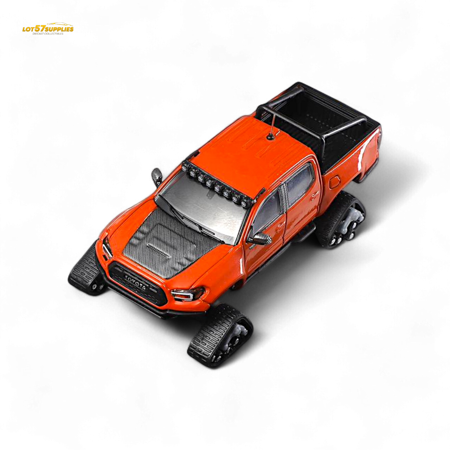 Toyota Tacoma diecast model with orange-red GCD 3PMSF tires, detailed 1:64 scale replica from Lot57Supplies Diecast Shop.