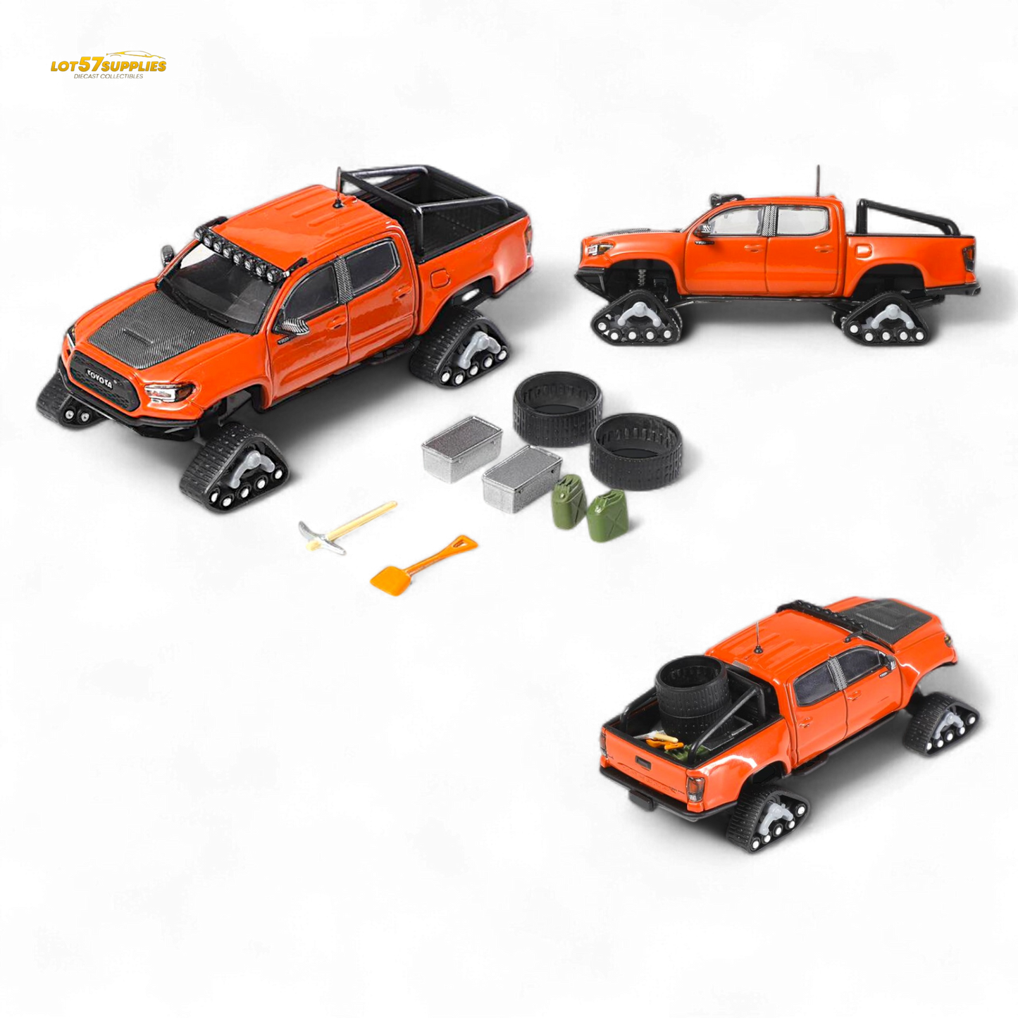 Diecast Toyota Tacoma with orange red GCD 3PMSF tires, 1:64 scale model from Lot57Supplies Diecast Shop, detailed vehicle replica.
