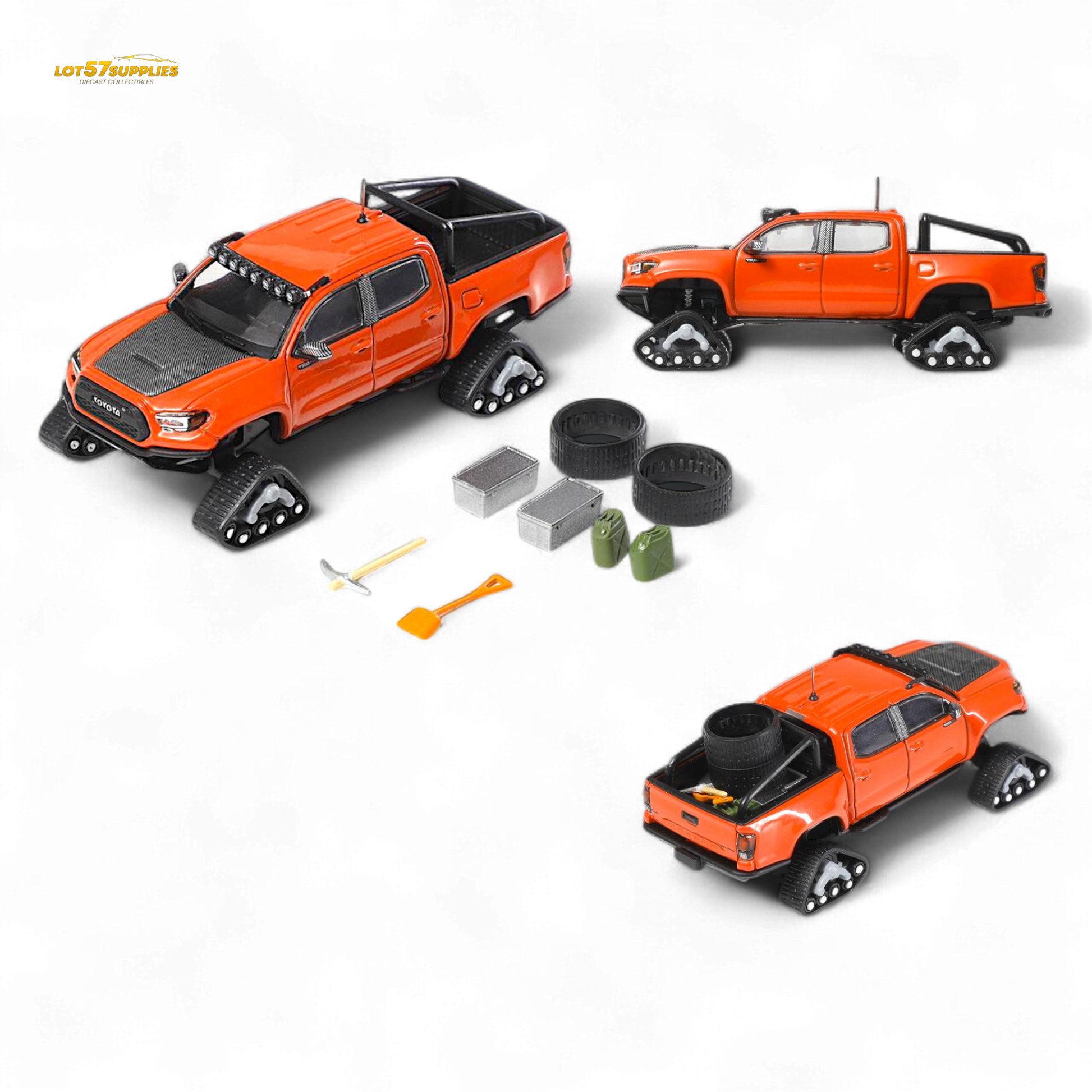 Diecast Toyota Tacoma with orange red GCD 3PMSF tires, 1:64 scale model from Lot57Supplies Diecast Shop, detailed vehicle replica.