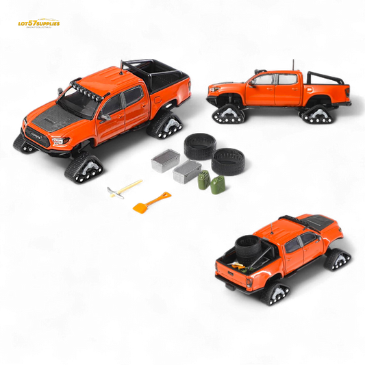 Diecast Toyota Tacoma with orange red GCD 3PMSF tires, 1:64 scale model from Lot57Supplies Diecast Shop, detailed vehicle replica.