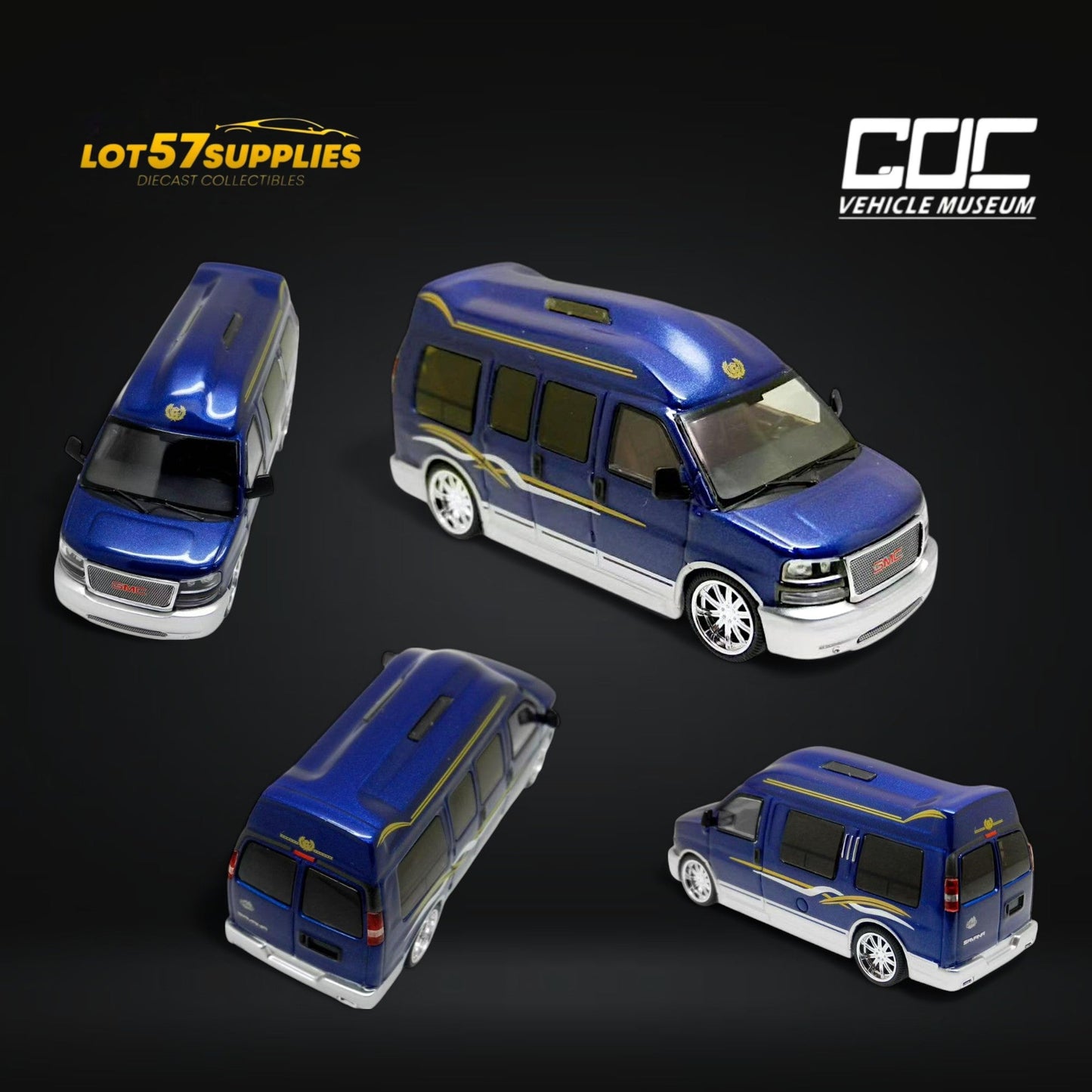 Blue and silver GMC Savana diecast model in 1:64 scale by GOC GMC, detailed vehicle replica.