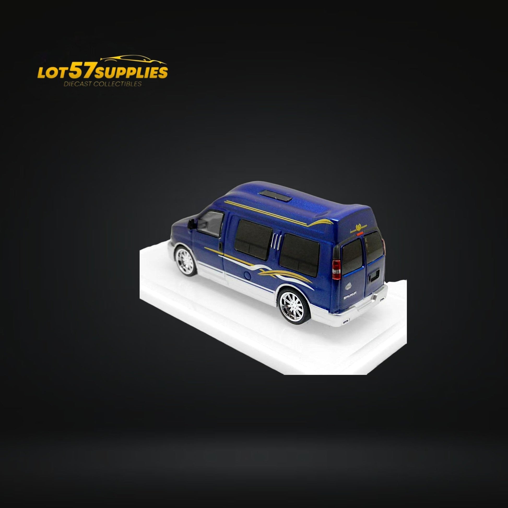 Blue and silver 1:64 scale GMC Savana diecast model by Lot57Supplies Diecast Shop with detailed exterior features.