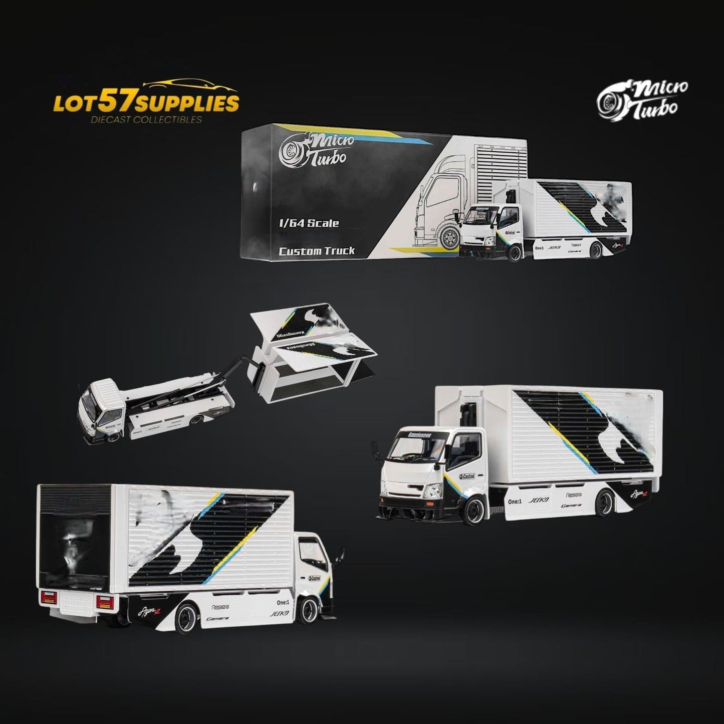 MicroTurbo HINO 300 Custom Box Truck White - Black Livery 1:64 - Evergreen Kings