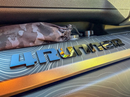 Black vinyl "4RUNNER" dash letter decals with template for 2025+ 4Runner interior, StickerFab custom vehicle accessory