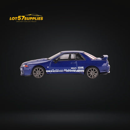 Mini-GT Nissan Skyline GT-R R32 diecast model in metallic blue, 1:64 scale, detailed Nissan collectible from Lot57Supplies Diecast Shop
