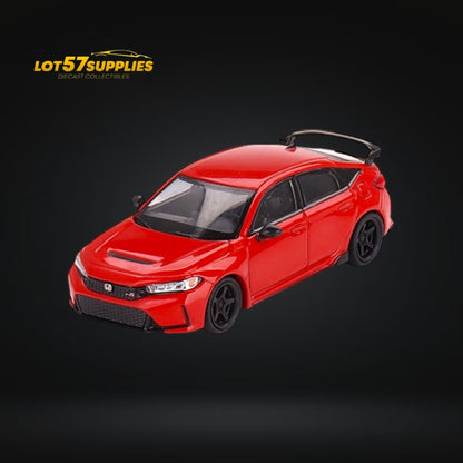 Mini-GT Honda Civic Type R diecast model in rallye red, 1:64 scale, detailed miniature of Honda sports car.