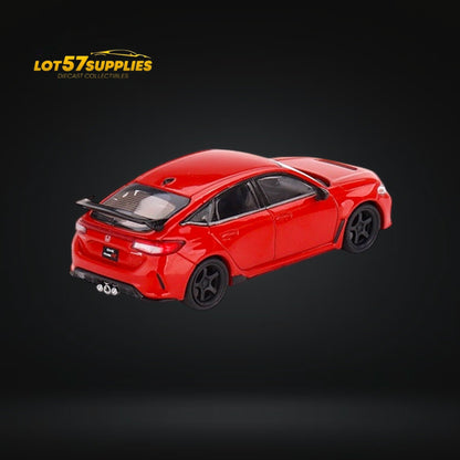 Mini-GT Honda Civic Type R diecast model in rallye red, 1:64 scale, showcasing detailed exterior and sporty design.