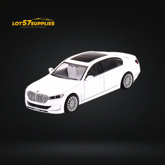 Mini GT BMW Alpina B7 xDrive diecast model in Alpine White, 1:64 scale, featuring detailed exterior and realistic design.