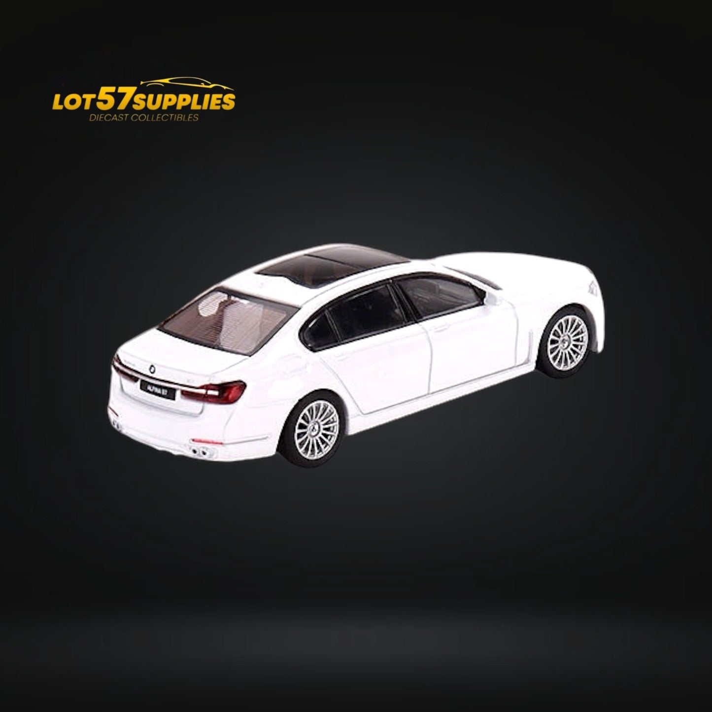 Mini GT BMW Alpina B7 xDrive diecast model in Alpine White, detailed 1:64 scale car featuring realistic design.