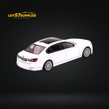 Mini GT BMW Alpina B7 xDrive diecast model in Alpine White, detailed 1:64 scale car featuring realistic design.