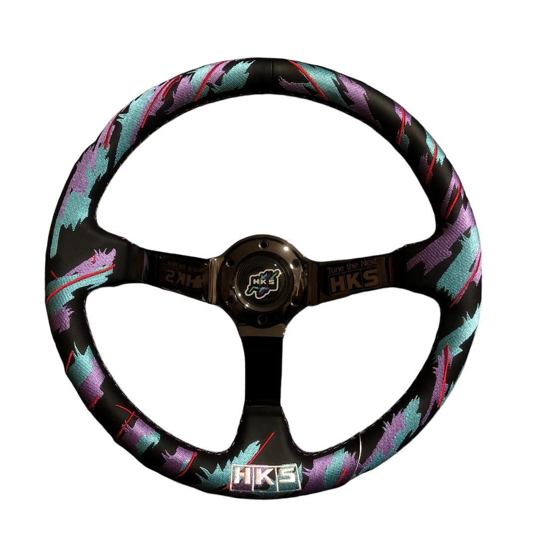 Black chrome SPDZ1 x HKS GT2 350mm deep dish steering wheel with sporty design, made by Speedzone Performance LLC.