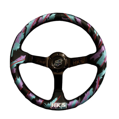 Black chrome SPDZ1 x HKS GT2 350mm deep dish steering wheel with sporty design, made by Speedzone Performance LLC.