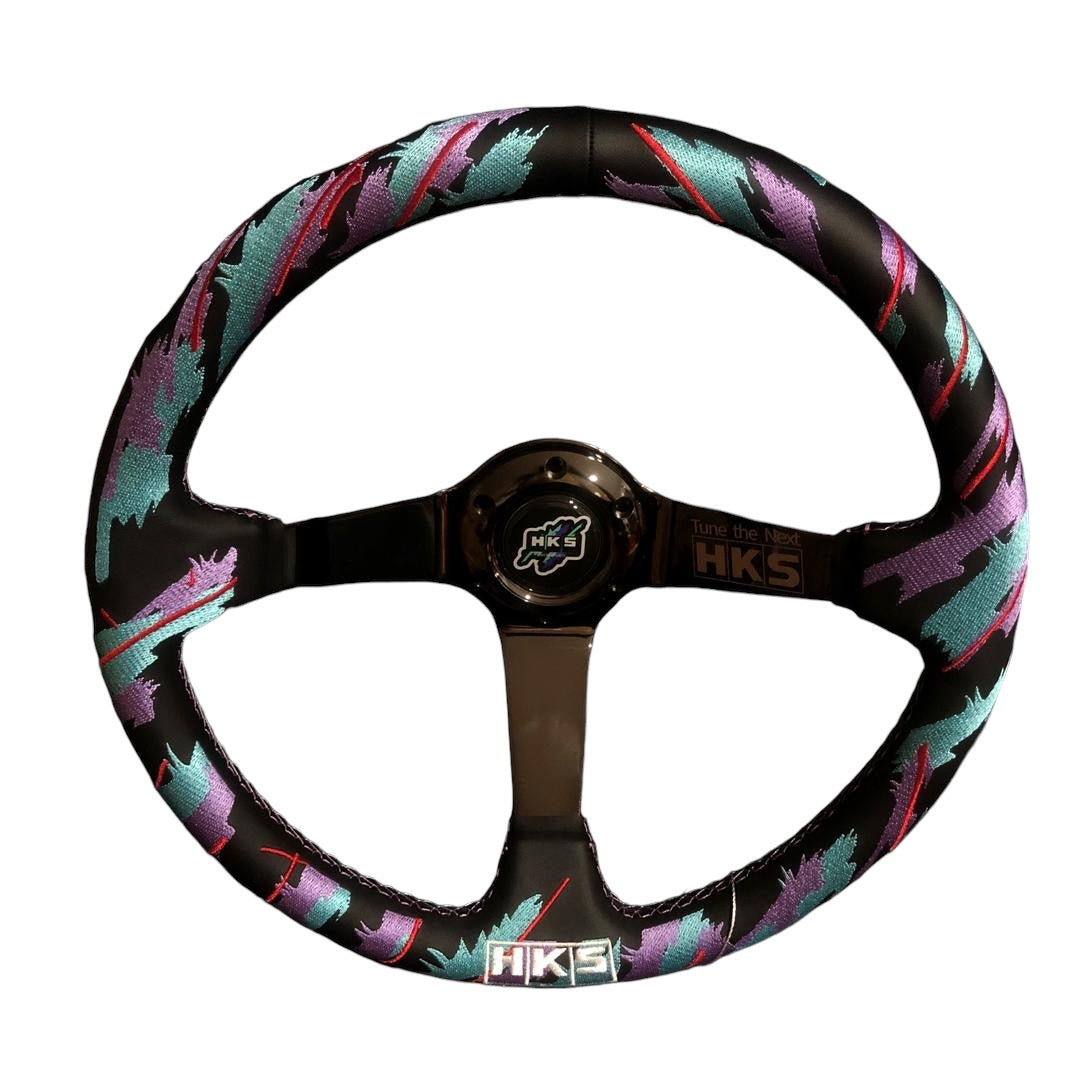 Black chrome SPDZ1 x HKS GT2 steering wheel with deep dish design, 350mm diameter, from Speedzone Performance LLC.
