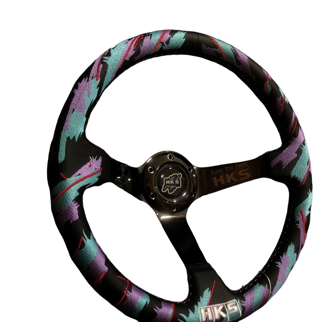 Black chrome SPDZ1 x HKS GT2 steering wheel with deep dish design, 350mm diameter, featuring a sporty, ergonomic grip.