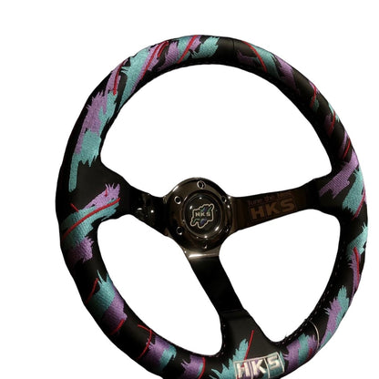 Black chrome SPDZ1 x HKS GT2 steering wheel with deep dish design, 350mm diameter, featuring a sporty, ergonomic grip.
