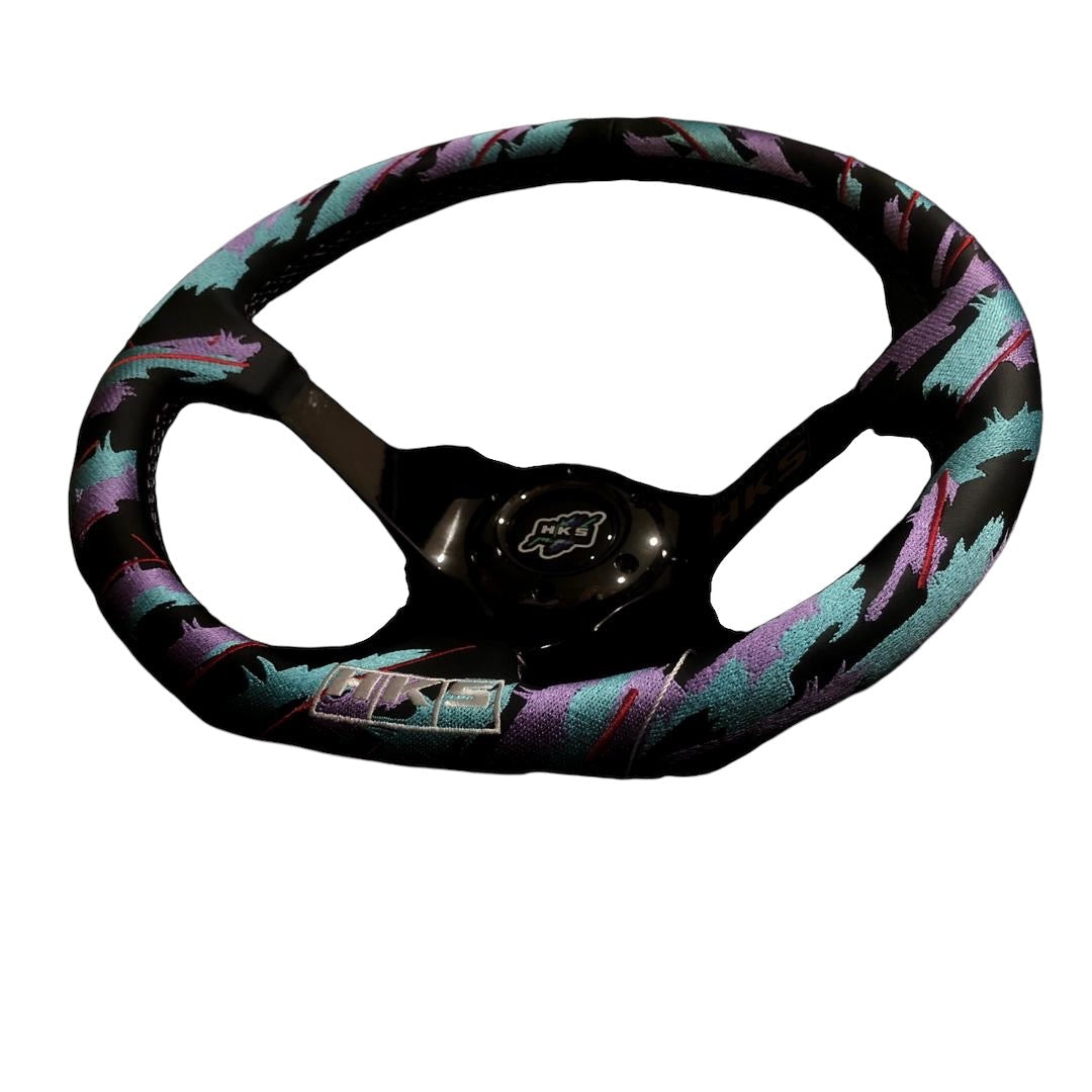 Black chrome SPDZ1 x HKS GT2 steering wheel with deep dish design, 350mm diameter, featuring a sleek racing-style look.