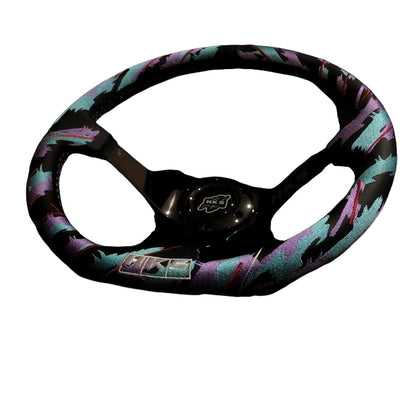 Black chrome SPDZ1 x HKS GT2 steering wheel with deep dish design, 350mm diameter, featuring a sleek racing-style look.