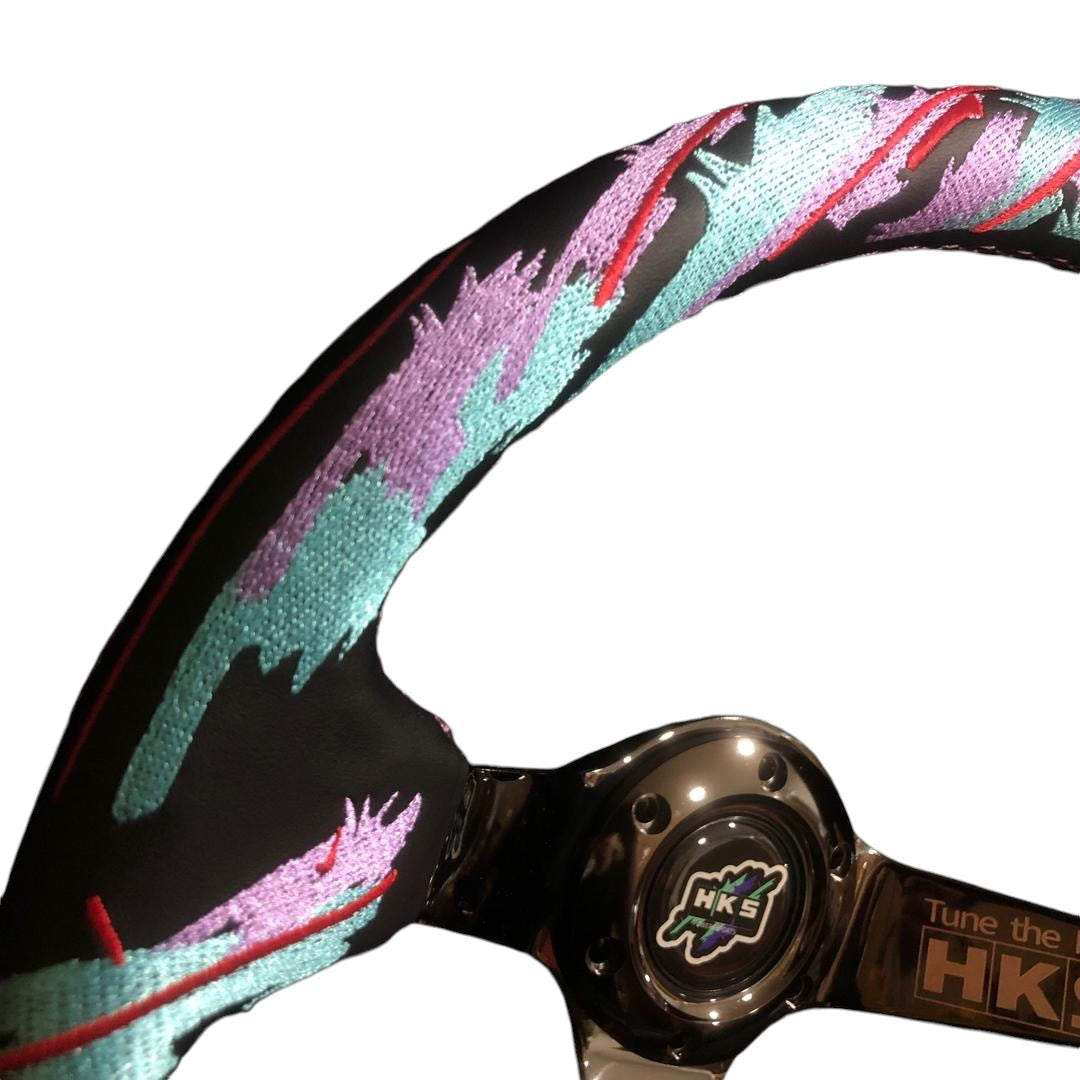 Black chrome SPDZ1 x HKS GT2 steering wheel, 350mm deep dish design, for performance vehicles, by Speedzone Performance LLC.