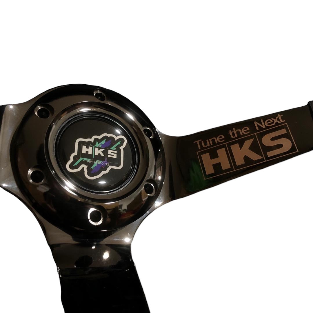 Black chrome SPDZ1 x HKS GT2 350mm deep dish steering wheel with sport grips, designed for performance vehicles.
