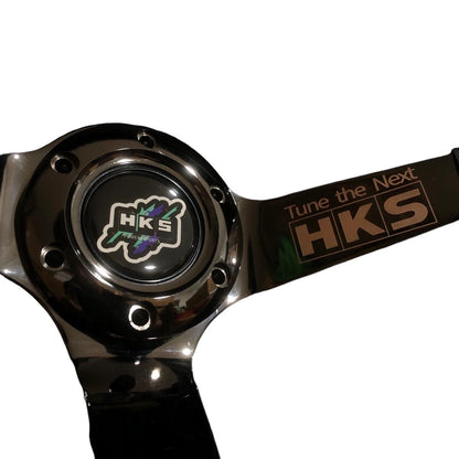 Black chrome SPDZ1 x HKS GT2 350mm deep dish steering wheel with sport grips, designed for performance vehicles.