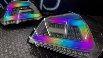 NTXGlow clear RGB color-shifting tail lights for 2015-2021 Subaru WRX and STI, featuring sleek design and vibrant lighting.