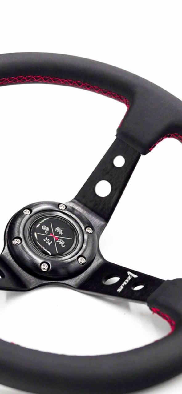 Red lined steering wheel by Speedzone Performance LLC, featuring a sleek design and ergonomic grip for racing or driving enthusiasts.