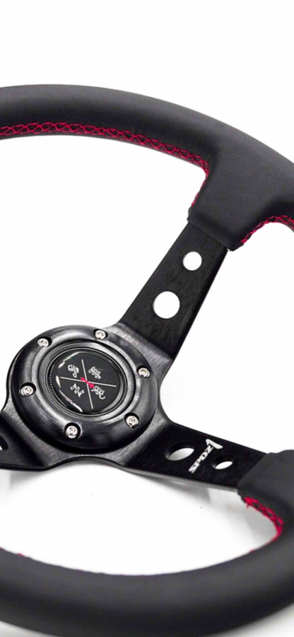 Red lined steering wheel by Speedzone Performance LLC, featuring a sleek design and ergonomic grip for racing or driving enthusiasts.