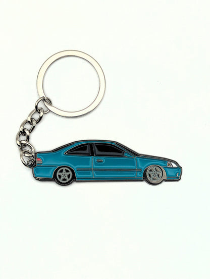 Drift Pins EK Coupe keychain featuring a detailed miniature car design on a silver keyring.