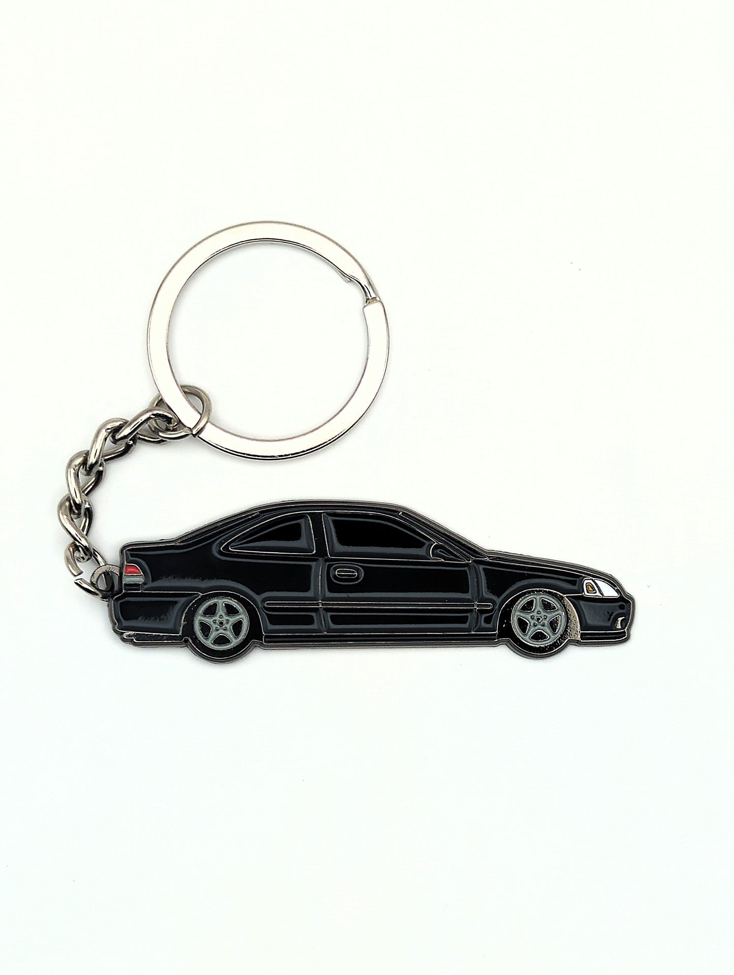 Drift Pins EK Coupe keychain with detailed car design, metal keyring, and branded logo on a white background.