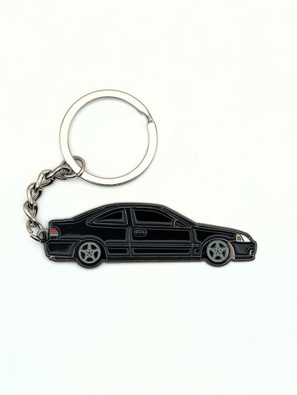 Drift Pins EK Coupe keychain with detailed car design, metal keyring, and branded logo on a white background.
