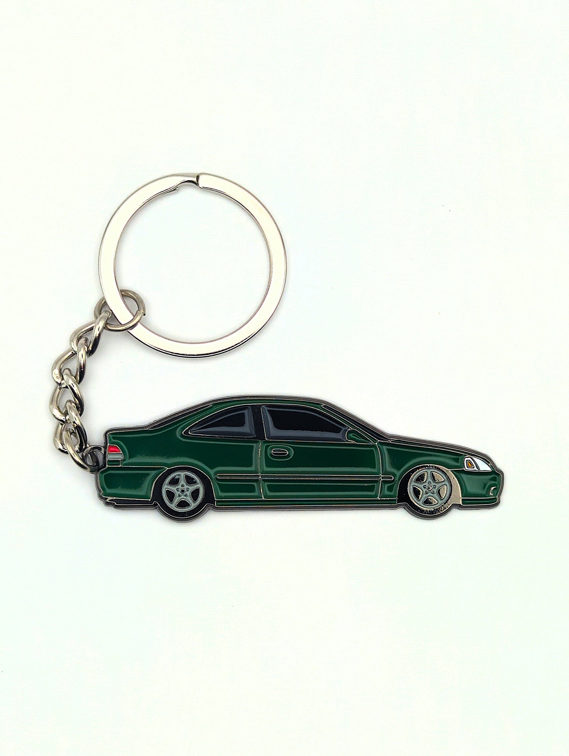 Drift Pins EK Coupe keychain featuring a detailed mini replica of the EK Coupe car in black and silver.