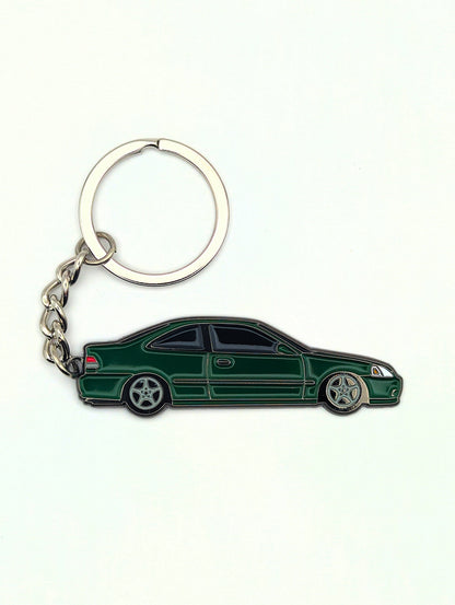Drift Pins EK Coupe keychain featuring a detailed mini replica of the EK Coupe car in black and silver.