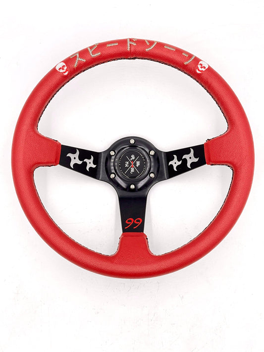 Red SPDZ1 “The Ninja” deep dish steering wheel by Speedzone Performance LLC, showing its sleek design and ergonomic grip.