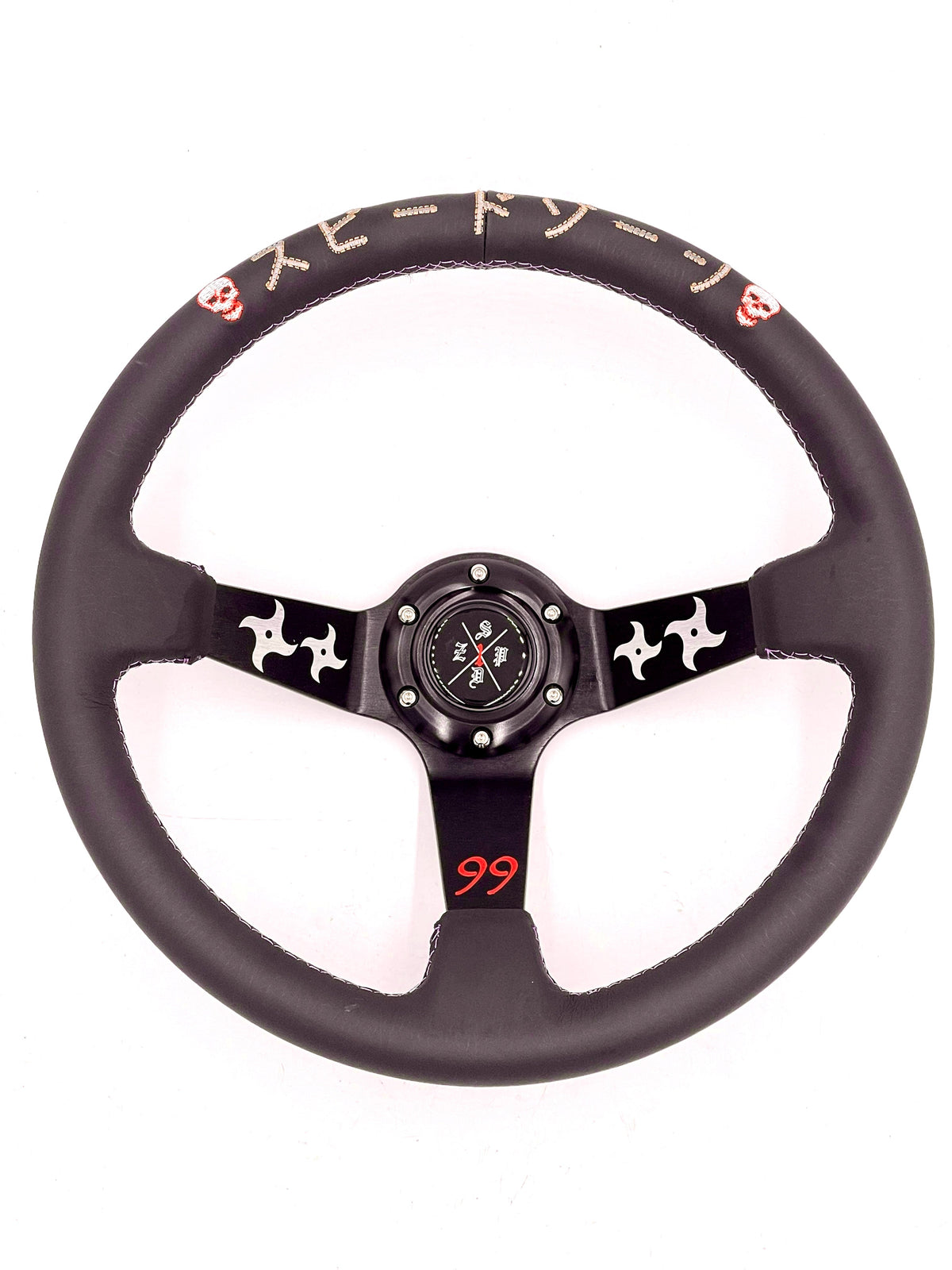 Black leather SPDZ1 Ninja steering wheel by Speedzone Performance LLC with a deep dish design, 340mm diameter.