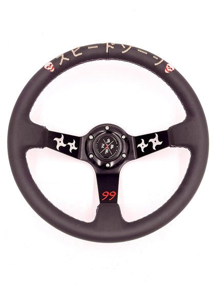 Black leather SPDZ1 Ninja steering wheel by Speedzone Performance LLC with a deep dish design, 340mm diameter.
