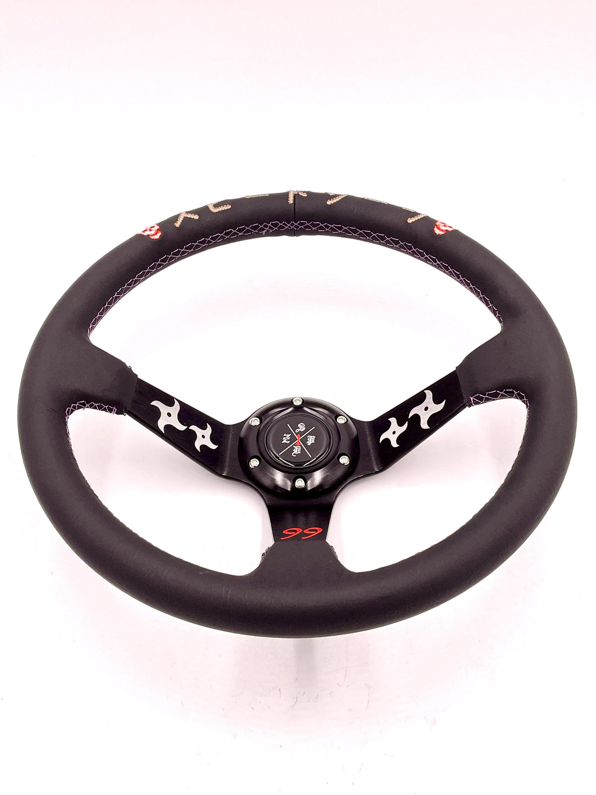 Black leather deep dish steering wheel by Speedzone Performance LLC, SPDZ1 The Ninja, 340mm diameter, automotive racing style.