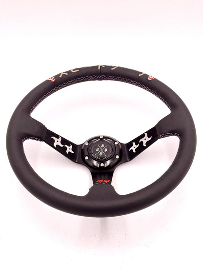 Black leather deep dish steering wheel by Speedzone Performance LLC, SPDZ1 The Ninja, 340mm diameter, automotive racing style.