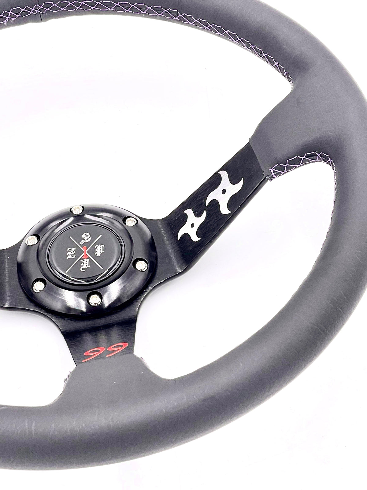 Black leather SPDZ1 The Ninja steering wheel with deep dish design, 340mm diameter from Speedzone Performance LLC.