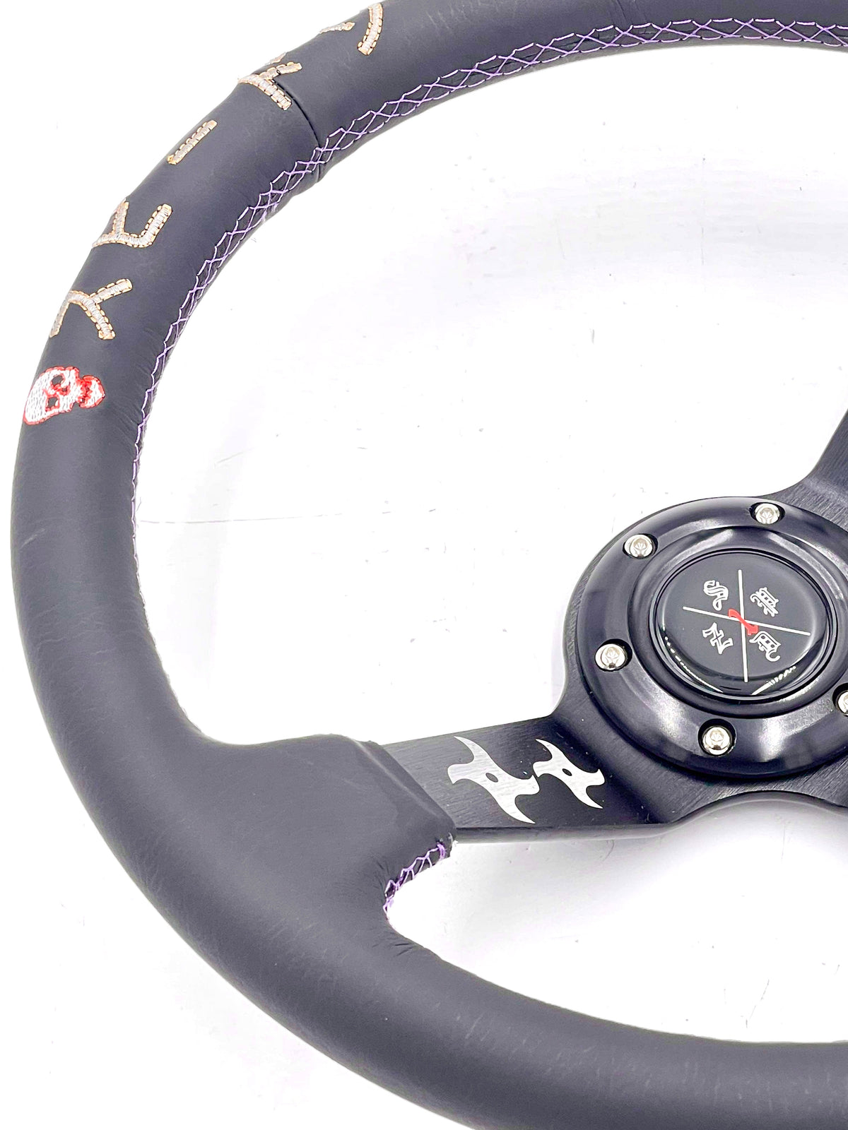 Black leather SPDZ1 The Ninja steering wheel by Speedzone Performance LLC, deep dish design, 340mm diameter, shown in the image