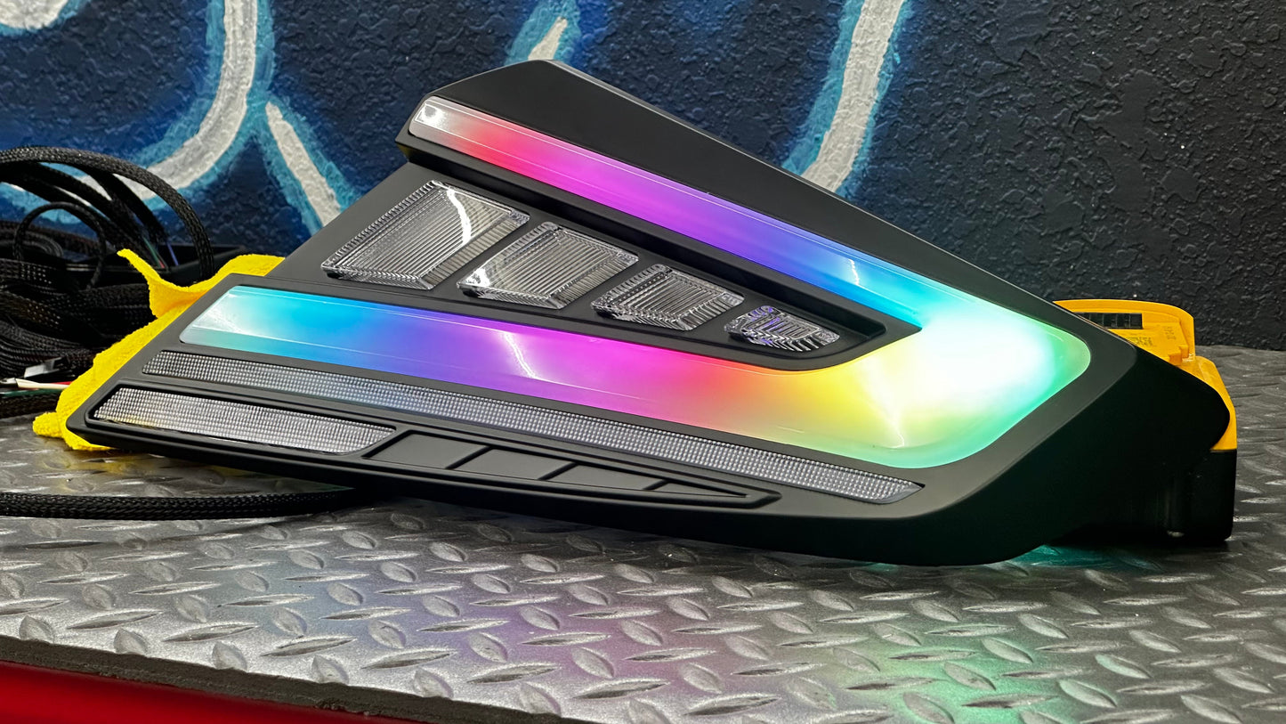 NTXGlow custom RGB LED tail lights installed on a 2022-2025 Subaru WRX, showing vibrant lighting design and sleek vehicle rear view.