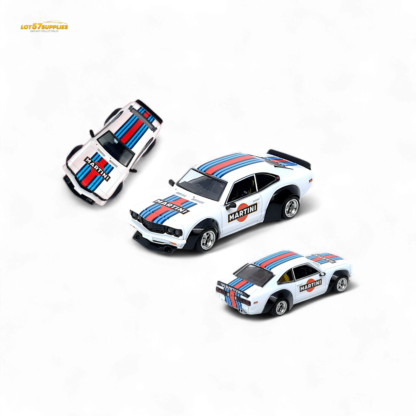 Inno64 Mazda Savanna RX3 Martini Racing diecast model in 1:64 scale, detailed replica of the classic Mazda racing car.