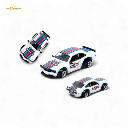 Inno64 Mazda Savanna RX3 Martini Racing diecast model in 1:64 scale, detailed replica of the classic Mazda racing car.