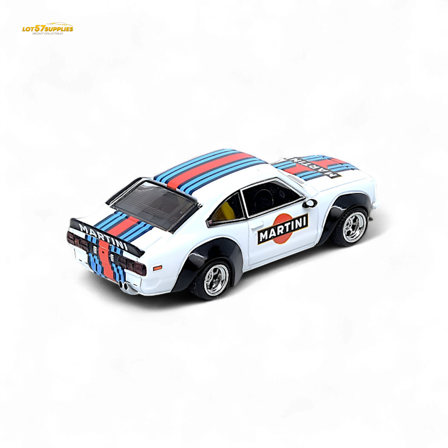 Miniature Mazda Savanna RX3 Martini Racing diecast car in 1:64 scale, showcasing detailed exterior and classic racing livery.