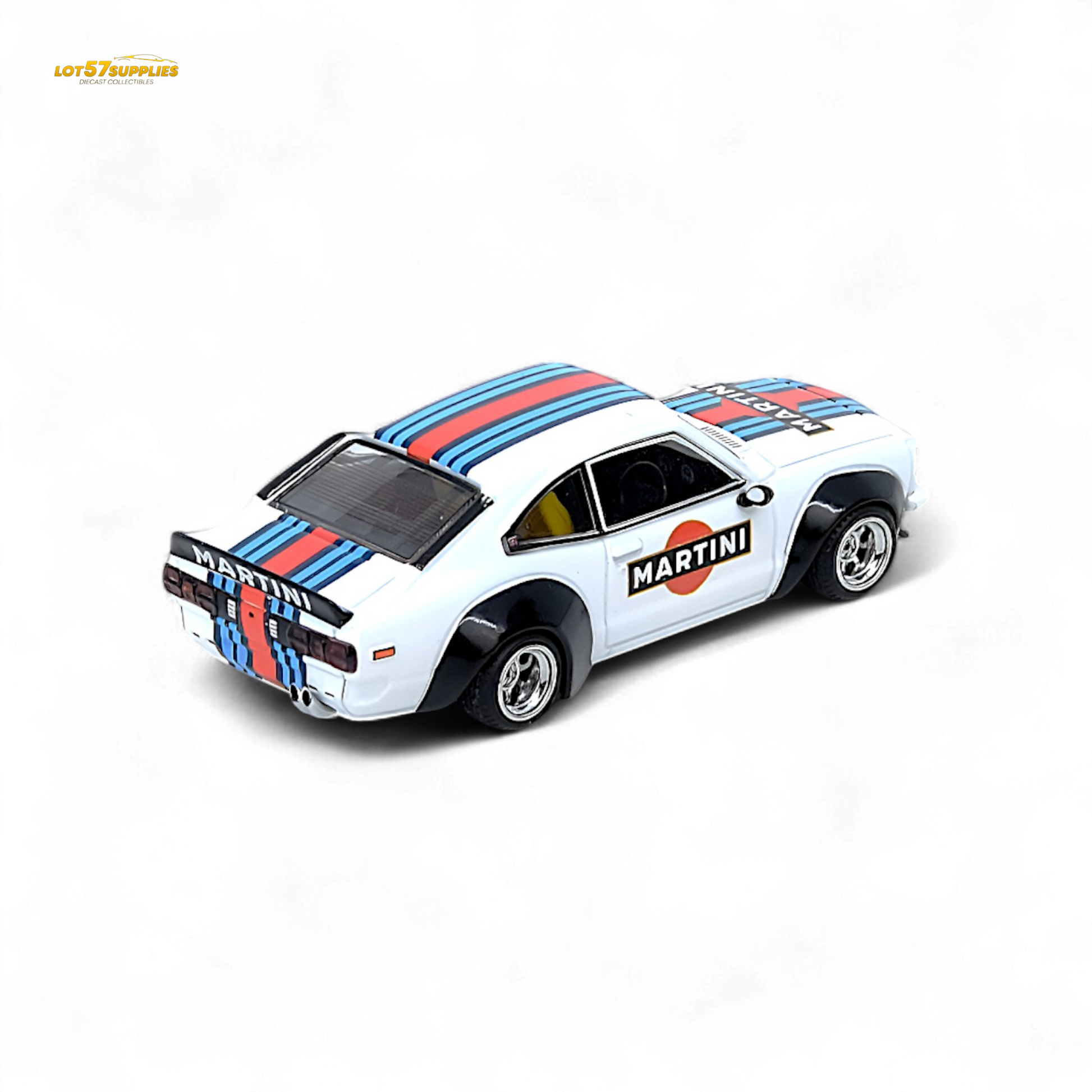 Miniature Mazda Savanna RX3 Martini Racing diecast car in 1:64 scale, showcasing detailed exterior and classic racing livery.