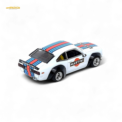 Miniature Mazda Savanna RX3 Martini Racing diecast car in 1:64 scale, showcasing detailed exterior and classic racing livery.