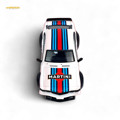 Detailed image of Inno64 Mazda Savanna RX3 Martini Racing diecast model in 1:64 scale with detailed livery and racing design.