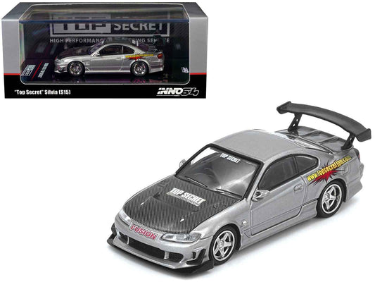 Nissan "Top Secret" Silvia (S15) RHD (Right Hand Drive) Silver Metallic with Carbon Hood 1/64 Diecast Model Car by Inno Models